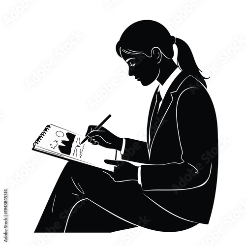 Artist silhouette sketching on drawing pad while wearing formal suit