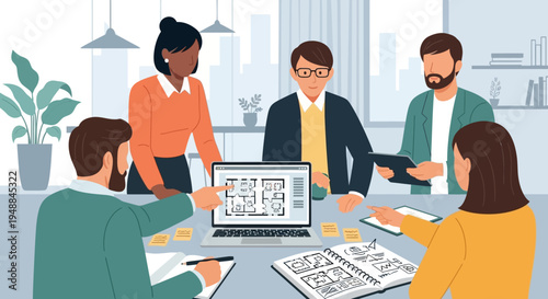 Diverse Architectural Team Collaborating on Building Floor Plan Design in Modern Office Workspace Flat Vector Illustration