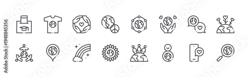 set of 16 thin line world love icons such as donate, around the world, t shirt, placeholder, together, rainbow, peace, flower, connection. editable stroke vector illustration isolated on white