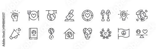 set of 16 thin line world love icons such as protest, megaphone, food, book, graduation, blood donation, donate, house, target. editable stroke vector illustration isolated on white