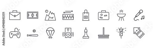 set of 16 thin line activities icons such as briefcase, gaming console, football, baseball, mountain, parachute, drums, music box, shopping bag. editable stroke vector illustration isolated on white