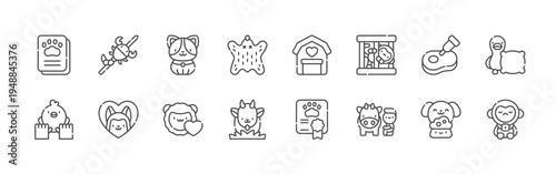 set of 16 thin line animal welfare icons such as vaccination, animal care, scorpion, pets, dog, animals, leather, goat, farm. editable stroke vector illustration isolated on white