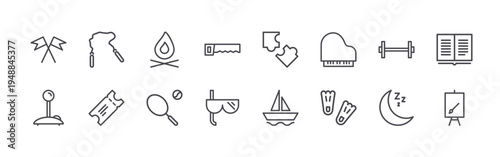 set of 16 thin line activities icons such as racing flag, videogames, rope toy, ticket, fire, tennis, saw, diving mask, puzzle. editable stroke vector illustration isolated on white