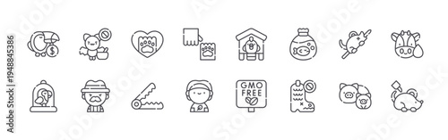 set of 16 thin line animal welfare icons such as wildlife, bird cage, bat, hunter, paw, bear trap, paw, vegan, chicken. editable stroke vector illustration isolated on white