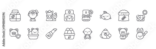 set of 16 thin line animal welfare icons such as almond milk, animal rights, veterinarian, sandbox, animal care, makeup, veterinary, organic eggs, elephant. editable stroke vector illustration