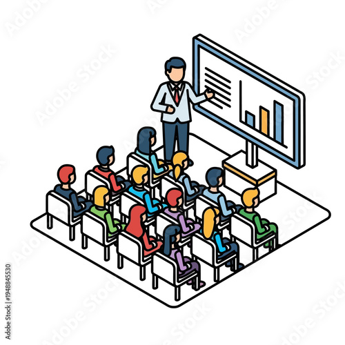 A presentation being given to a group of people in a classroom setting with a screen.