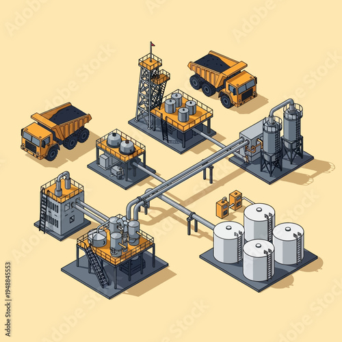 Isometric illustration of a coal processing plant with trucks, tanks, and industrial structures.
