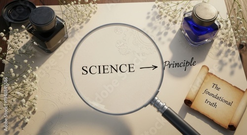 Magnifying glass revealing the word SCIENCE leading to principles on a desk with scientific tools