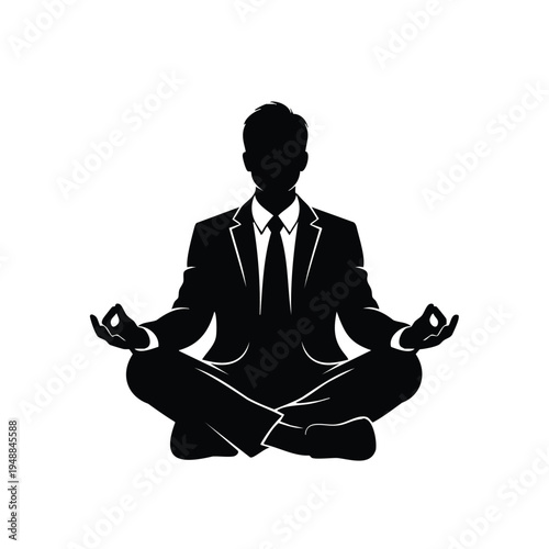 Businessman in formal suit meditating in lotus pose silhouette image