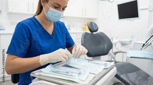 Female dental assistant in mask and gloves preparing sterile instruments.