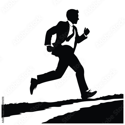 Businessman in suit running uphill silhouette striving for success goal