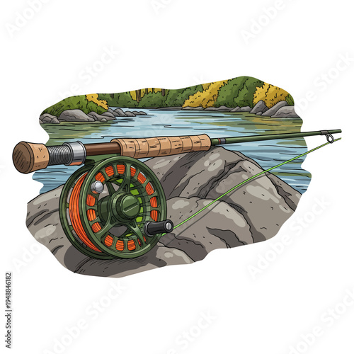 Fly fishing rod and reel on a rocky river bank with forest background in hand drawn vintage style