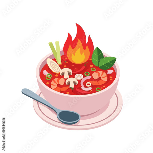 Isometric illustration of a bowl of spicy Tom Yum soup with shrimp and vegetables.