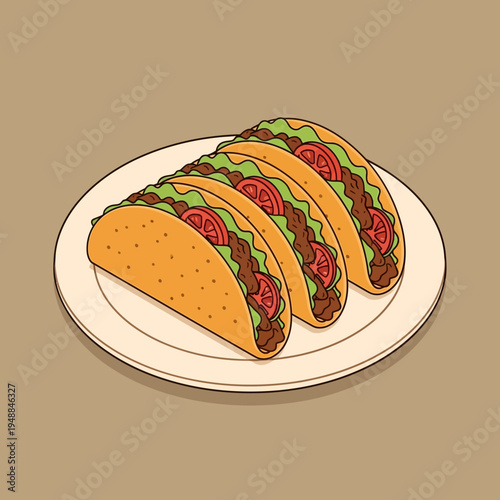 A plate of three delicious tacos, filled with meat, lettuce, and tomatoes, ready to eat.