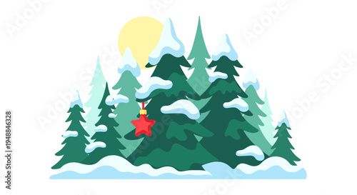 Winter Forest Scene with Snow-Covered Pine Trees and Red Star Ornament