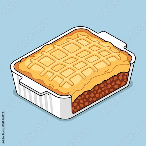 A detailed illustration of a shepherd's pie in a white rectangular baking dish, cut open.