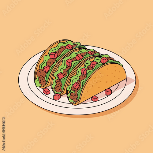 Three delicious tacos, filled with meat and vegetables, arranged on a white plate.
