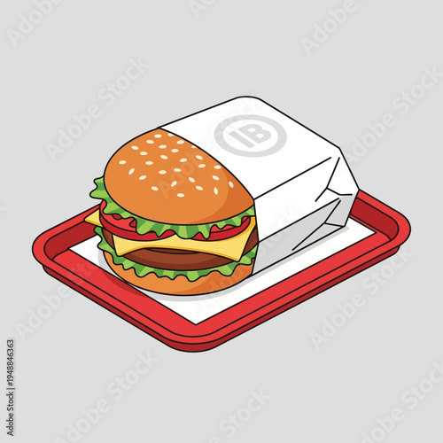 A delicious burger with sesame seeds on top, wrapped in paper, and served on a red tray.