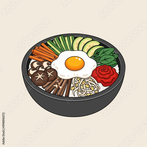 A vibrant and appetizing illustration of a traditional Korean bibimbap dish in a stone bowl.