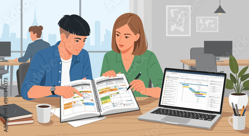 Young Professional Team Collaborating on Project Management and Scheduling in a Modern Office Workspace with Laptop and Planner