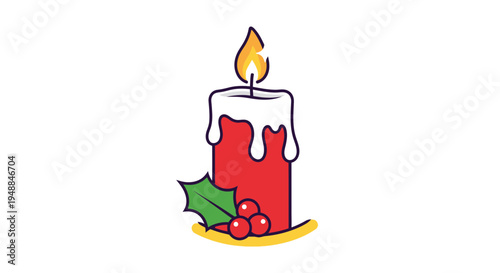 Christmas Candle with Holly and Berries Isolated on White Background