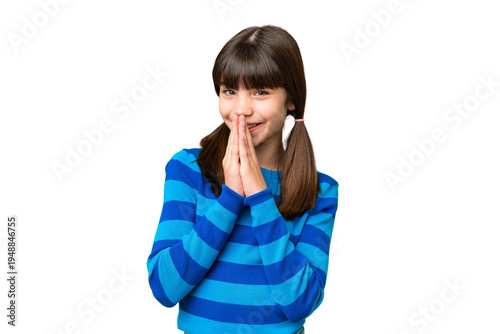 Tableau sur toile Little caucasian girl over isolated background keeps palm together
