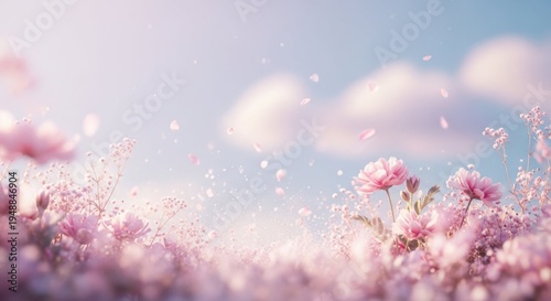 Dreamy pink flowers and petals gently floating in a soft blue sky with clouds