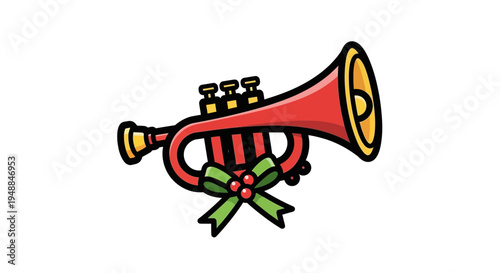 Christmas Trumpet With Holly Berry Bow - Festive Music Illustration