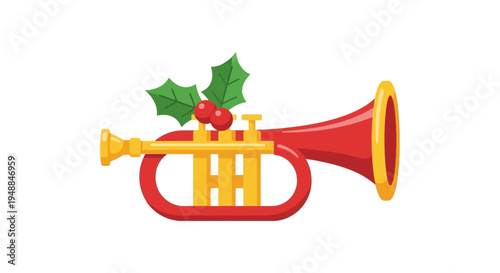 Christmas Trumpet with Holly and Berries - Festive Music Illustration