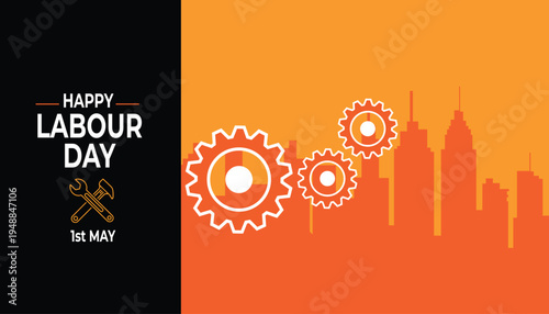 Labour day celebration with gears and city skyline