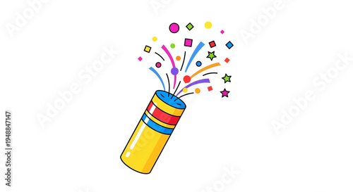 Confetti Popper Exploding Colorful Streamers and Shapes on White Background