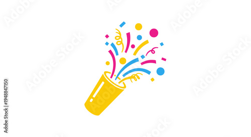 Confetti Popper Exploding Colorful Party Streamers and Circles on White Background