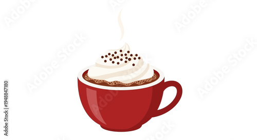 Cozy Hot Chocolate in Red Mug with Whipped Cream and Sprinkles