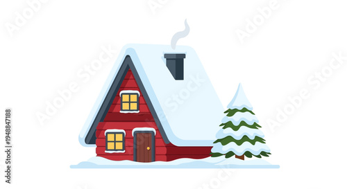 Cozy Red A-Frame Cabin in Snowy Landscape with Pine Tree