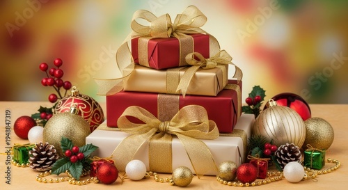 Festive Christmas gifts and ornaments arranged in a beautiful holiday display