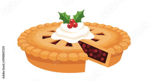 Festive Christmas Pie Slice with Whipped Cream and Holly Berries