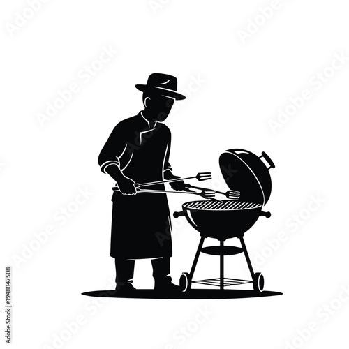 Chef silhouette wearing hat while cooking on outdoor charcoal grill