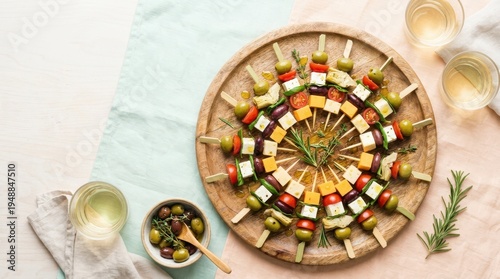 Appetizer skewers with cheese, olives, tomatoes, and artichoke hearts arranged on a platter