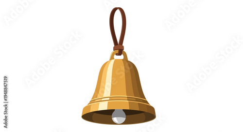 Golden Bell Hanging On Leather Strap Isolated On White Background