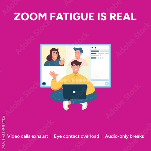 Simple vector illustration graphic depicting the common struggle of zoom fatigue experienced by a person connecting with colleagues during a virtual meeting.