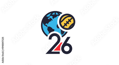 Global Sports Event 2026 Logo: Earth, Football, Number 26