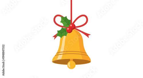 Golden Christmas Bell with Holly and Red Ribbon - Festive Decoration
