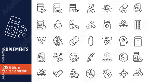 Supplements Icons set. Includes vitamins, minerals, amino acids. Outline icon with Editable stroke. Vector illustration