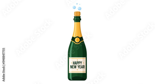Happy New Year Champaign Bottle Celebration Bubbles - Isolated White Background