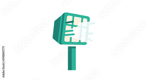 Illustration of a modern, green floodlight with bright light beam on white background