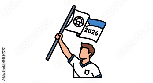 Man holding soccer flag with year 2026, celebrating sports event