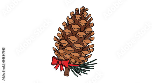 Pine Cone with Red Bow and Pine Needles - Isolated Christmas Decoration Illustration