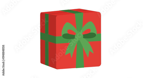 Red Gift Box with Green Ribbon and Bow, Isolated on White Background