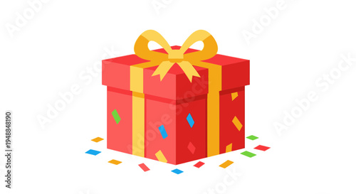 Red Gift Box With Yellow Bow and Confetti - Celebration Present