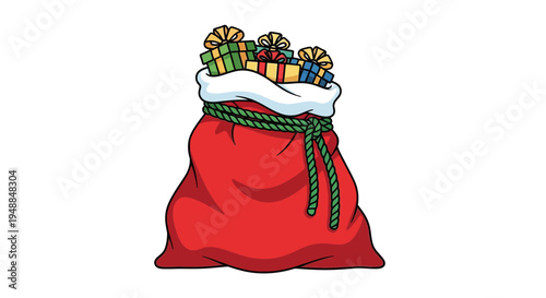 Santa Claus Bag Full Presents, Festive Christmas Gift Sack with Ribbons